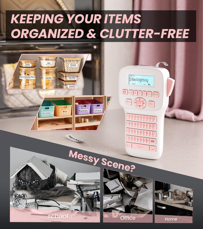 [AUSTRALIA] - Rechargeable Label Maker, Pink Label Maker with Keyboard, Handheld Label Maker Machine with Bluetooth Backlit Large Display LM1600, Portable Labeler for Home & Office Organization School 