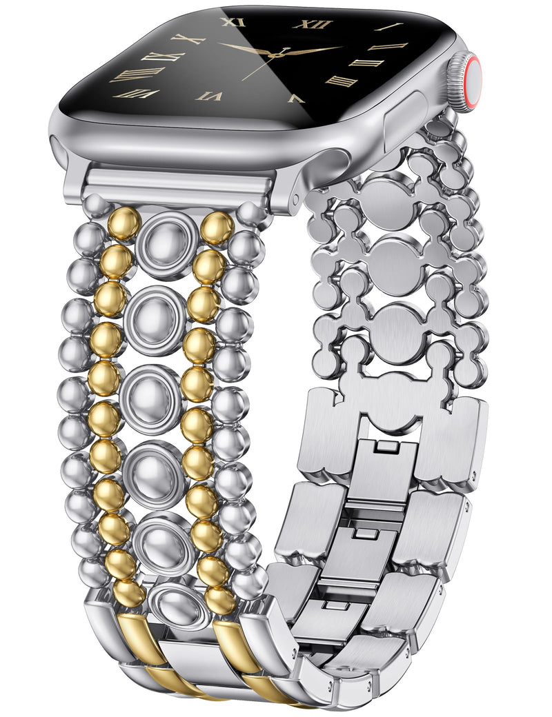 Minyee 2 Packs Band Compatible with Apple Watch Band Women 42/46/38/40/41/44/45/49mm, Premium Soft Leather Strap with Bling Dainty Flower Charm & Pretty Stainless Steel Metal Studded Designer Link Bra