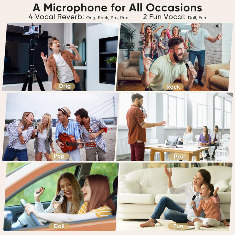 Wireless Bluetooth Karaoke Microphone Speaker for Adults, Karaoke Mic with Stereo Speaker for Smartphone, Tablet, Duet Singing Karaoke Mic for Speech, Home Party, Vocal Changer, Silver Included base