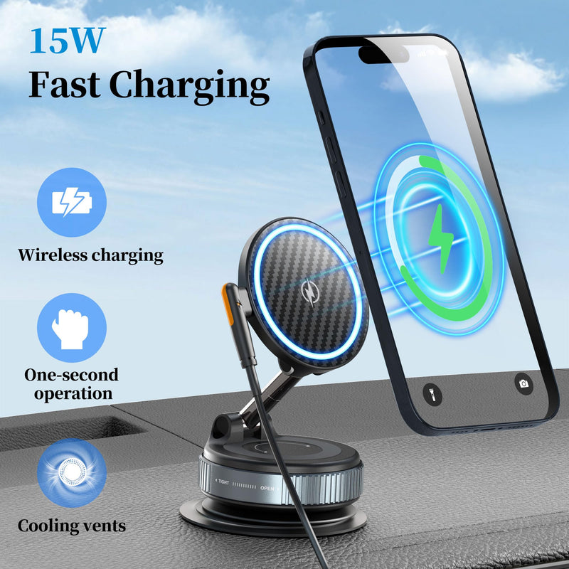 PlusAcc Vacuum Magnetic Phone Holder for Car, Mount for MagSafe, Charging | Suction Cup 360° Rotatable Strong Magnet Stand for iPhone 17/16/15/14/13 in Smooth Surface
