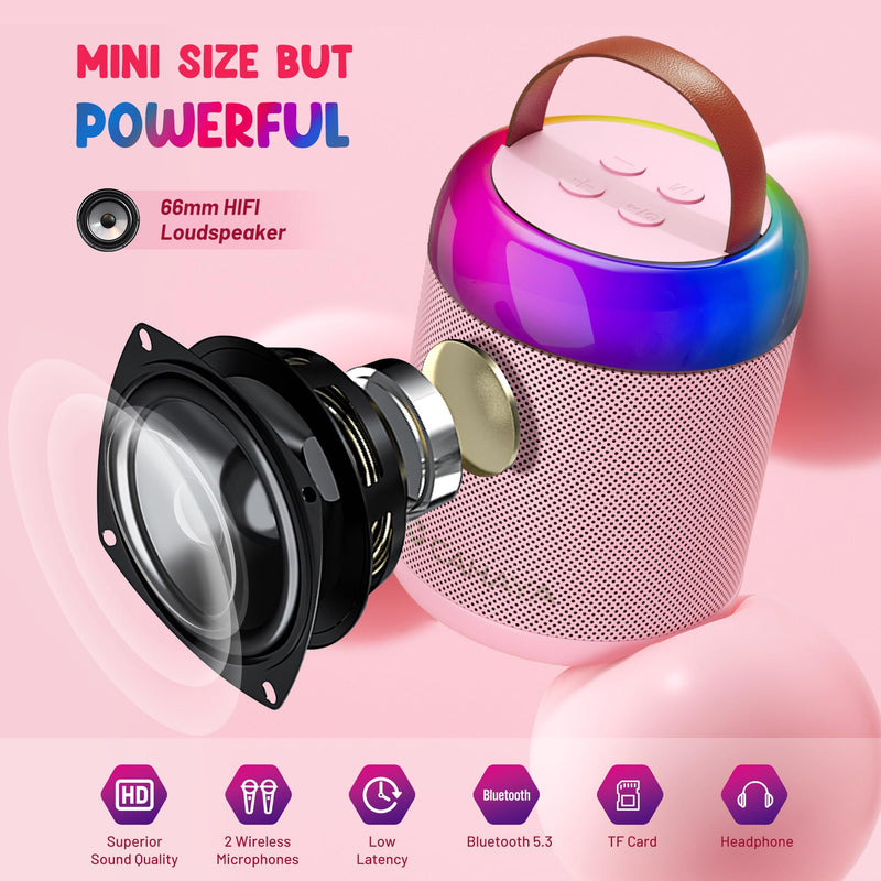 CAHAYA Karaoke Machine for Kids Gifts: Mini Bluetooth Machine with 2 Wireless Microphones Portable Karaoke Speaker with LED Lights for Kids 3 4 5 6 7 8 9 10 11 12 Years Old Singing Pink CY00369-1