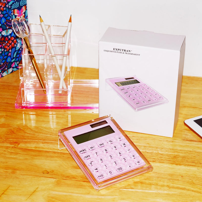 Acrylic Calculator with Stand, Battery and Solar Hybrid Powered Basic Calculator 12-Digit LCD Display,Home Office Desktop Accessories(Pink) Pink