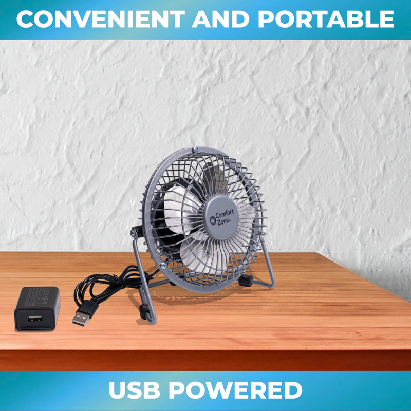 Comfort Zone Mini Portable Desk Fan with 360-Degree Adjustable Tilt, Dual Powered (USB or Power Cord), 4 inch, All-Metal Construction, Airflow 3.31 ft/sec, Ideal for Home, Bedroom & Office, CZHV4S Silver