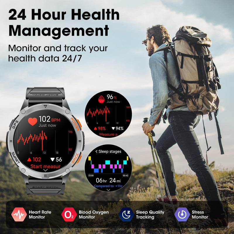 Military Smart Watches for Men with GPS, 1.43" AMOLED Bluetooth Call Smartwatch with LED Flashlight, Smart Watch for Android iOS, IP68 Waterproof Fitness Tracker with Heart Rate (Black) Black