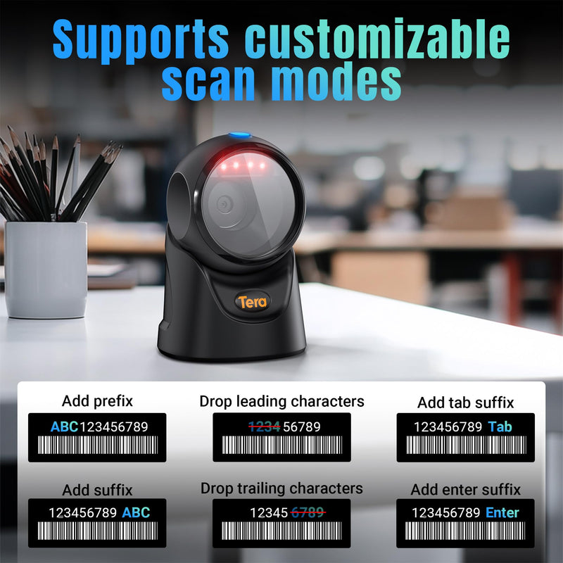 Tera Barcode Scanner Handsfree Omnidirectional: Desktop 1D 2D QR USB Wired Adjustable Angle Plug and Play Bar Code Reader for POS Supermarket Retail Store Mobile Payment Model 9700 Black