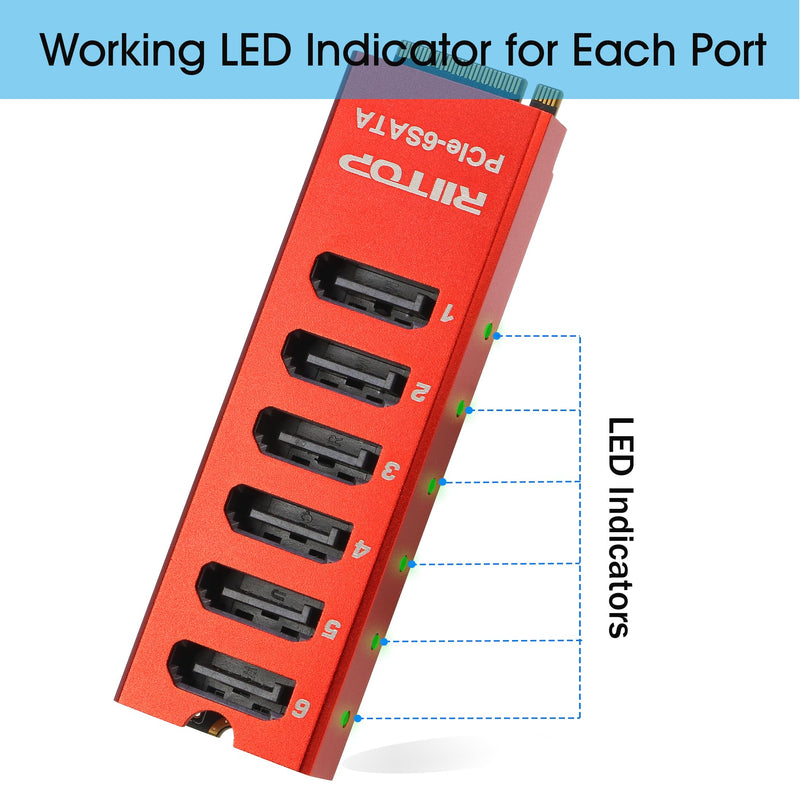 M.2 to SATA Adapter [6-Port], M2 NVMe to SATA 3.0 Card ASM1166 Chipset with Aluminum Housing for SSD/HDD up to 6Gbps Red