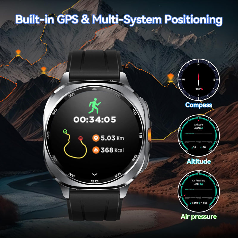 GPS Smart Watch for Men 1.43-inch HD AMOLED 3ATM Waterproof 530mAh Large Battery 100+ Sport Modes Flashlight Answer/Make Calls smart Watch for Android iOS Fitness and Sports Watch(2 Bands) Braided and silicone Strap