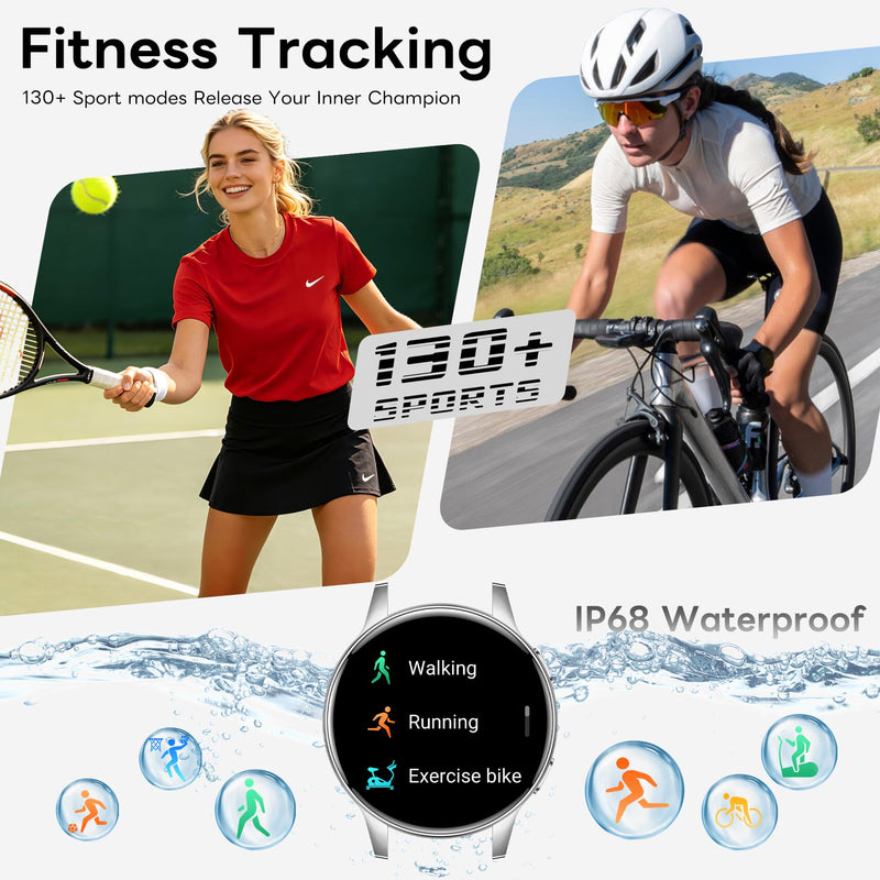 Smart Watch for Women, 1.27" HD Touchscreen Smartwatch with Bluetooth Call & Text Notification, 130+ Sport Modes, IP68 Waterproof Fitness Tracker with Heart Rate/Sleep Monitor, 3 Bands Silver-1