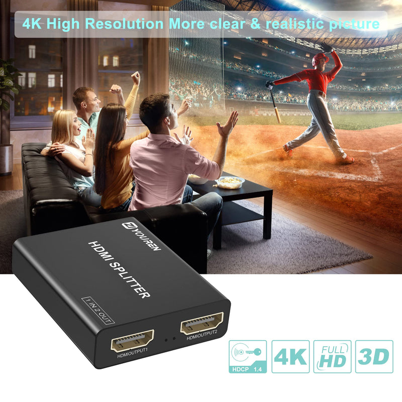HDMI Splitter with HD HDMI Cable, 1 in 2 Out 4K HDMI Splitter for Full HD 4K@30HZ 1080P 3D Splitter (1 HDMI Source to 2 HDMI Displays) 1x2