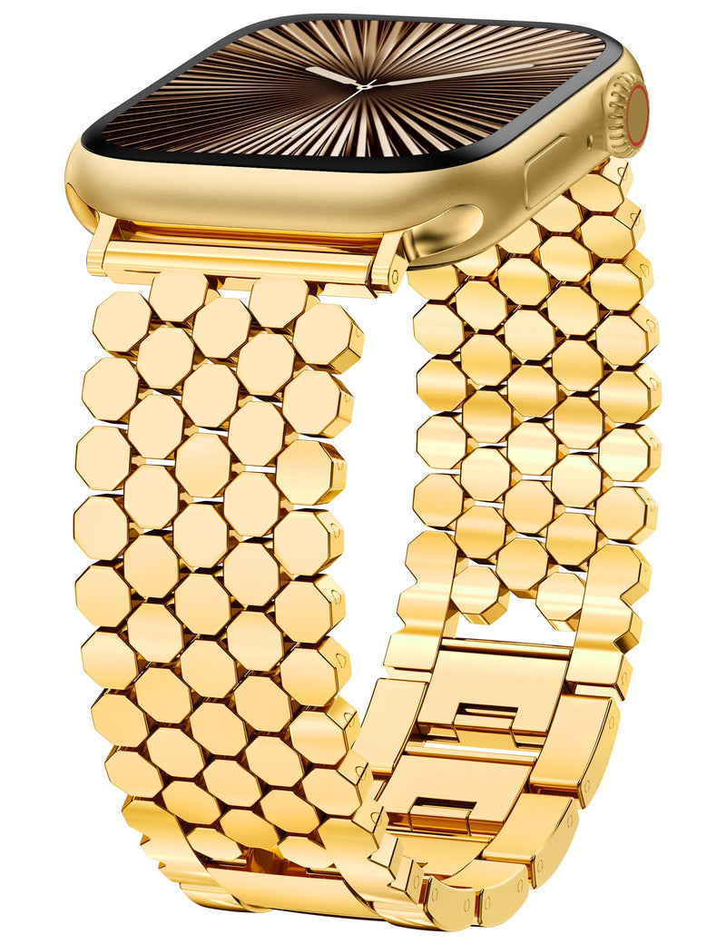 Minyee 2 Packs Compatible with Apple Watch Band 42/46/41/40/38/44/45/49mm Women, Dressy Slim Thin Celtic Knot Leather Strap & Dressy Honeycomb Metal Gold Silver Link Bracelet