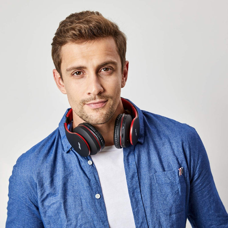 ZIHNIC 2 Items,1 Black Over-Ear Wireless Headset Bundle with 1 Black Red Foldable Wireless Headset