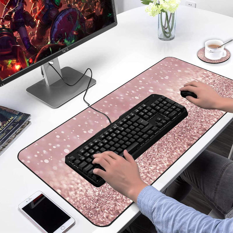 Extended Gaming Mouse Pad and Coaster, Large Non-Slip Rubber Base Mousepad with Stitched Edges, Waterproof Mouse Mat Desk Pad for Work, Game, Office, Home -Rose Gold Rainbow Glitter Ya-mousepad-5-33