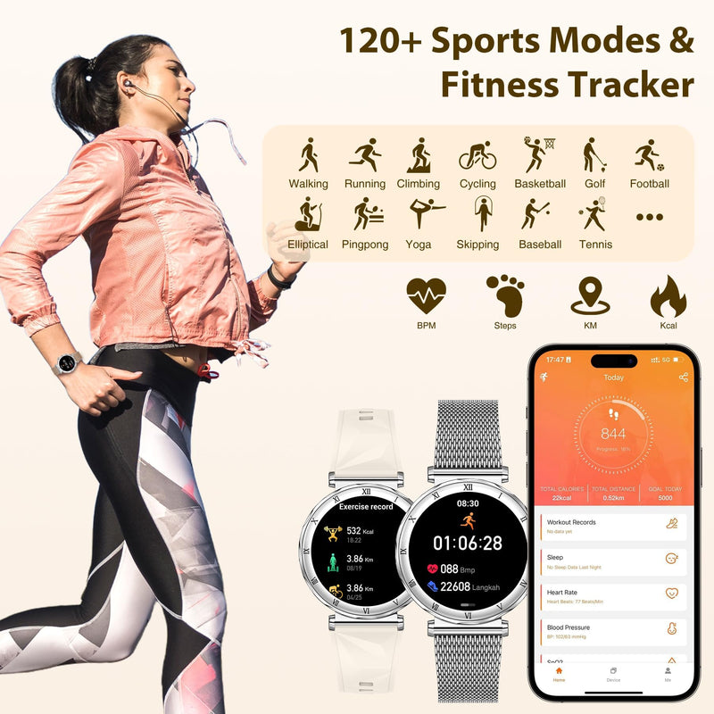 Smart Watches for Women (Answer/Make Calls), 1.19" AMOLED Slim Silver | Smartwatch with Heart Rate/Sleep Monitor,120+ Sport Modes Fitness Tracker with Bluetooth for iOS/Android Silver 1.19''