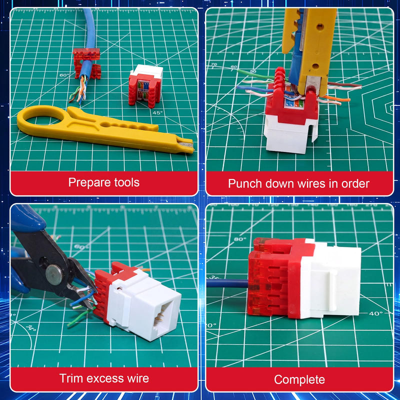 Tellegloww 50 Pack 180 Degree Rj45 Cat6 Keystone Jacks, White Red Module Network Wall Plate Inserts, Toolless 110 Punch Down Ethernet Connectors or Patch Panel