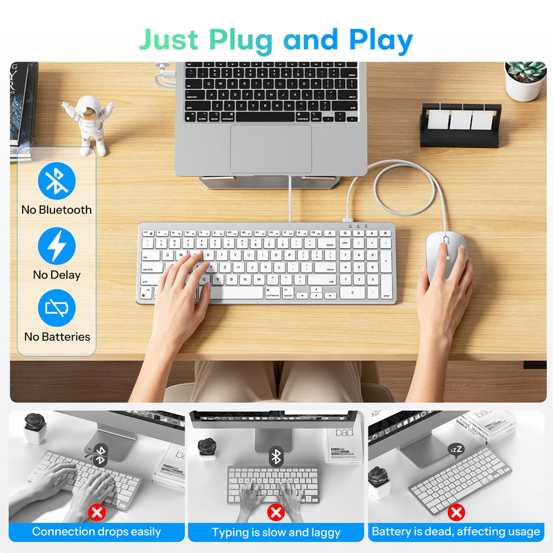 Wired Keyboard and Mouse for Mac, with Number Pad, USB-C/USB-A Plug & Play | Mouse Connects to Keyboard, Full Size for MacBook Air/Pro/iMac/Mini, Hotkeys, Ergonomic 6°Comfort Tilt for Home Office typing