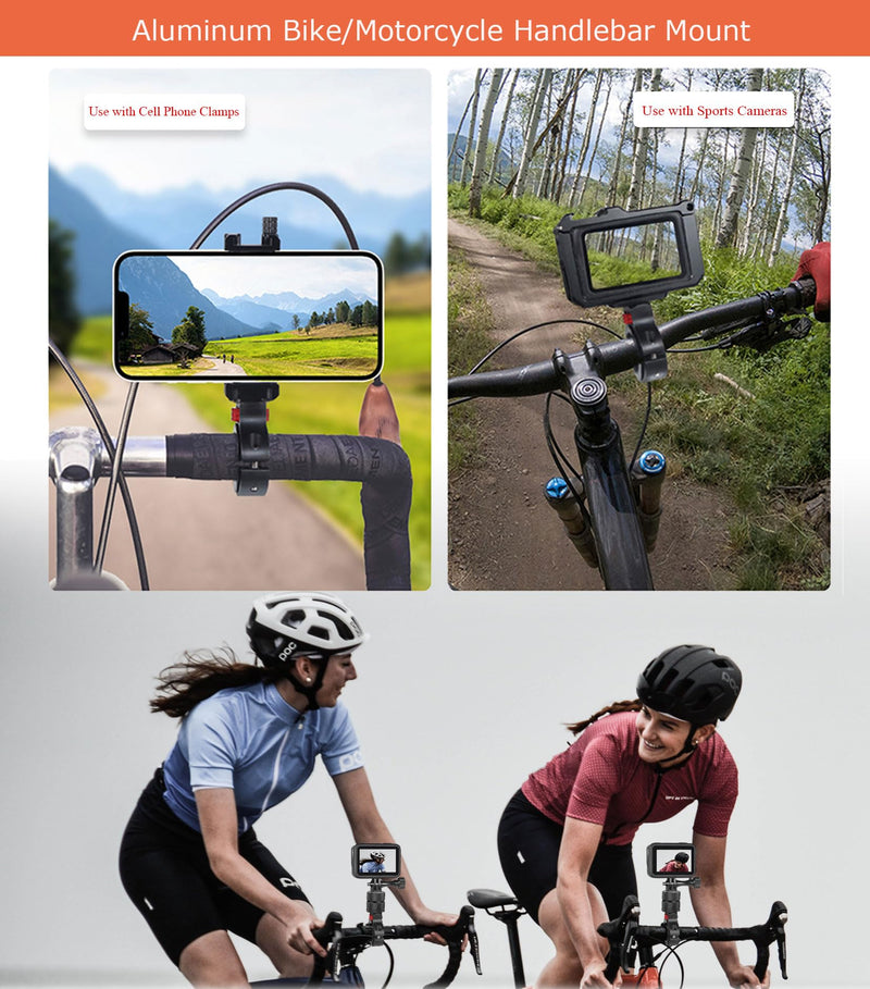 Aluminum Bike/Motorcycle Handlebar Mount for GoPro, Insta360, DJI Osmo and Fill Light, 360 Degrees Rotary Motorcycle Camera Mount Side Reinforcement Anti-Reverse