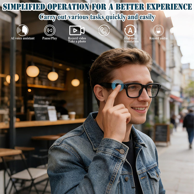 8MP Smart Glasses with Camera, Photochromic AI Glasses for Vlogging | Photochromic lenses, 30+ language translation, voice control, Hi-Fi audio, spring temples, USB-C charging Transparent