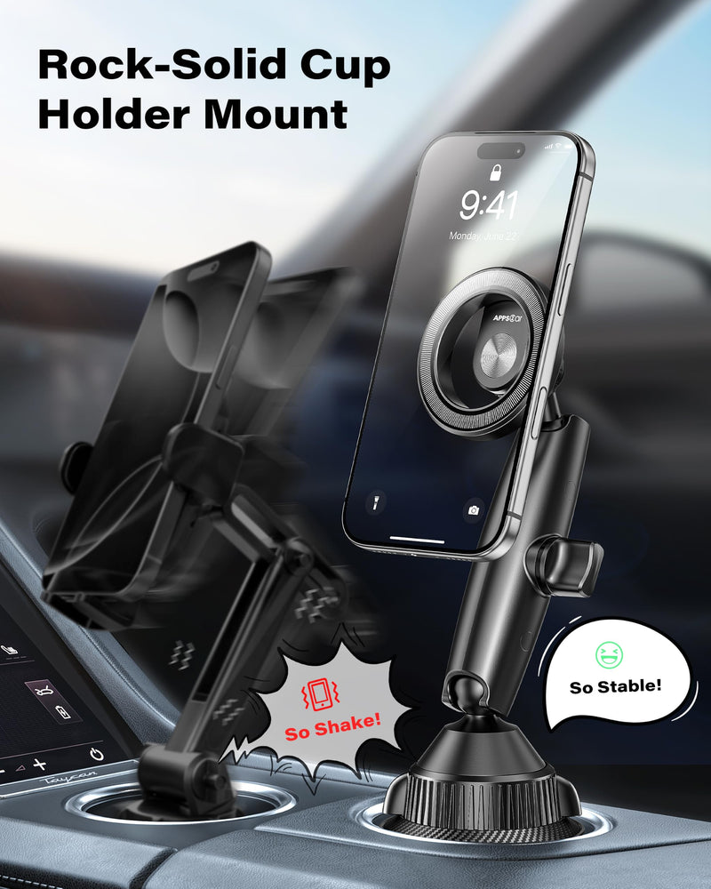 APPS2Car Magnetic Cup Holder Phone Mount, Tri-Pivot Adjustable Long Arm | 17 N54 Magnets, Fits 3"–4" Cup Holders, 17mm Ball Joint, Compatible with MagSafe iPhone, Samsung, Smartphones