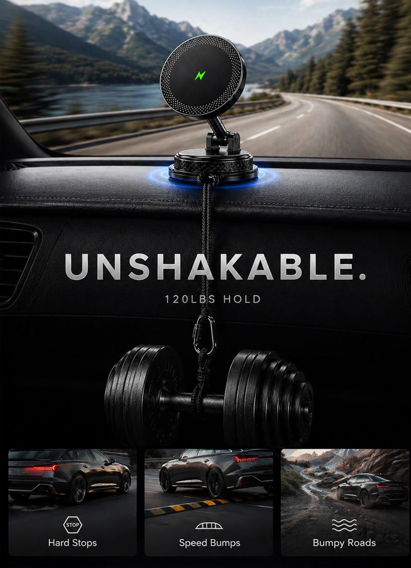 15W Magsafe Wireless Fast Charger Car Phone Mount Holder with Vacuum | ULiiZOMIR Adjustable Magnetic Mount, Strong Grip Dashboard & Windshield Holder for iPhone 12-17 and Android Devices