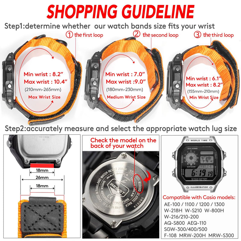 18mm Watch Band Strap for Casio AE-1000W AE-1200 AE-1300 AEQ-110W AQ-S800W MRW-200H MRW-S300 SGW-300H SGW-400H W-216H W-218H W-735H, Rugged Nylon Sports Strap Black/Blue+Black/Green