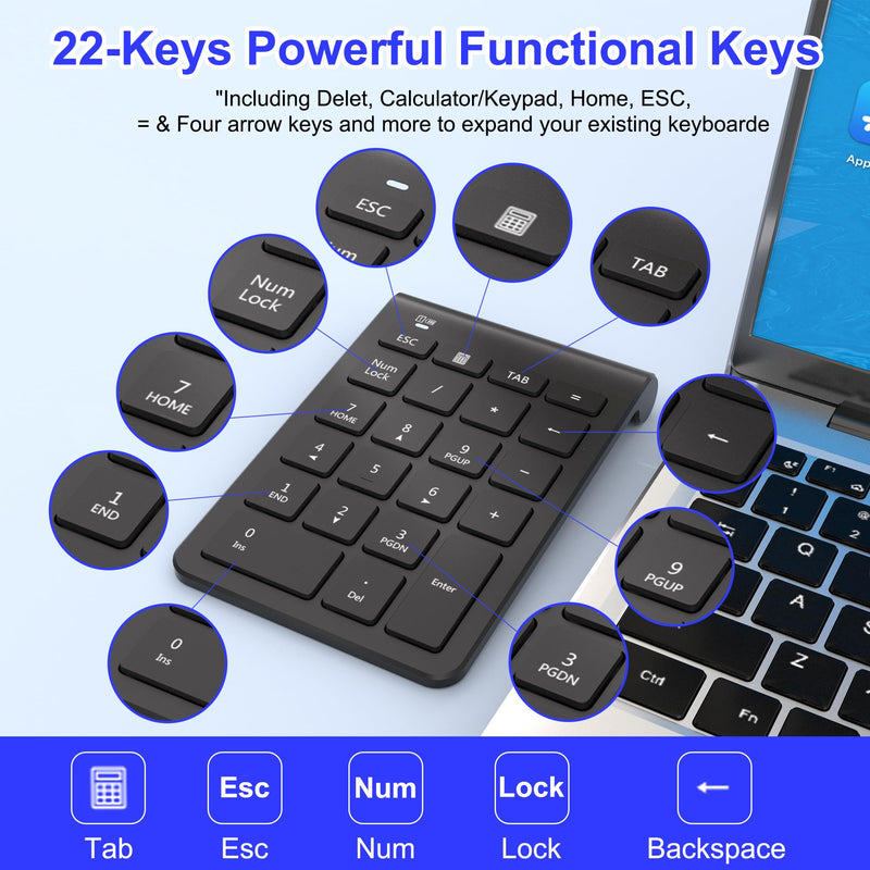22 Keys Wireless Number Pad and Mouse-Black,2.4GHz Numeric Keypad with Mouse 3 Adjustable DPI,Financial Keypad and Mouse Combo for Data Entry and Accounting,Numpad Keypad Set for Laptop,Mac,Desktop,PC