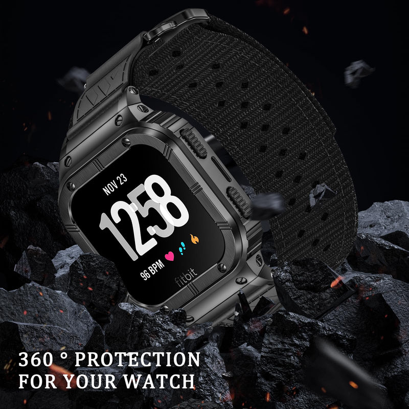 MioHHR Nylon Bands with Stainless Steel Case for Fitbit Versa 4 3 2 1 Lite | Breathable Adjustable Strap and Metal Protective Cover Compatible with Fitbit Sense 2 1 for Men 6.1"-8.9",Durability Black Large-（6.7''-8.9''）