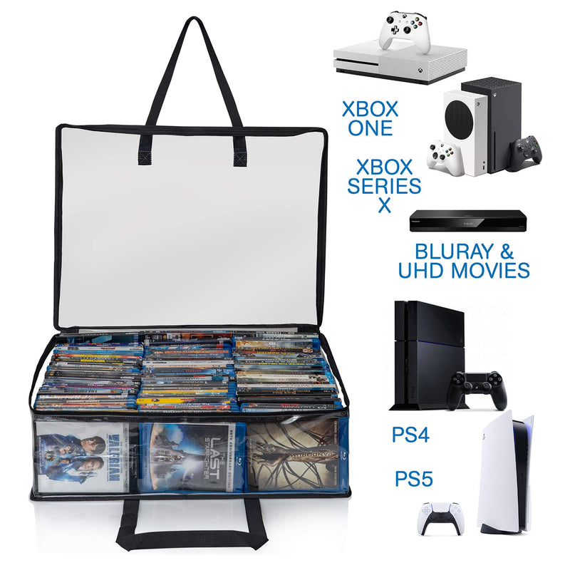 [AUSTRALIA] - Besti Blu Ray Case Holder Organizer, Set of 2 Clear Plastic Bags with Handles for Storing Blurays, DVDs, CDs, Storage Bags for Video Game Cases, Holds Up to 90 Bluray and 60 DVD Cases (Black) Black 