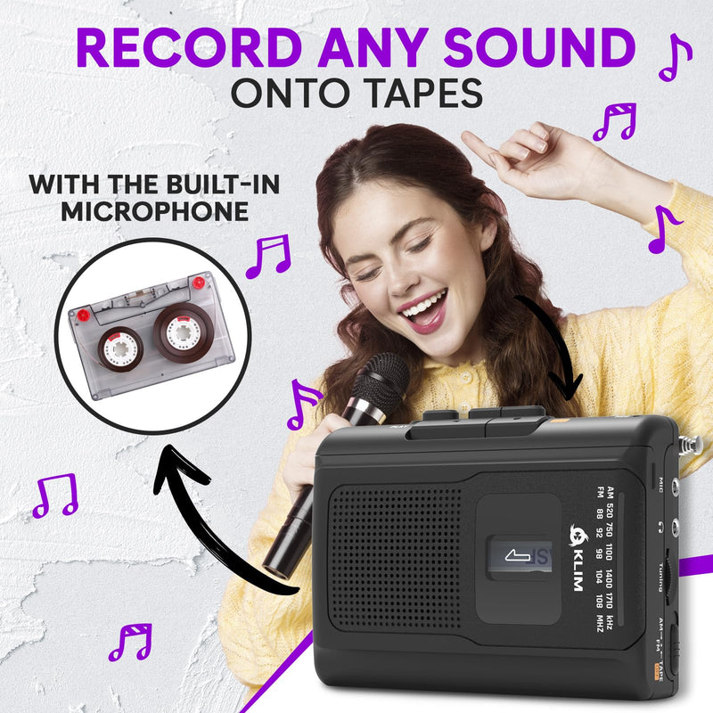 [AUSTRALIA] - KLIM K8 Cassette Tape Player Portable with F1 Headphones - Cassette Recorder - New Version - AM/FM Walkman - Built-in Microphone & Speaker - Headphone Jack & Earphones - Black Black Wih F1 