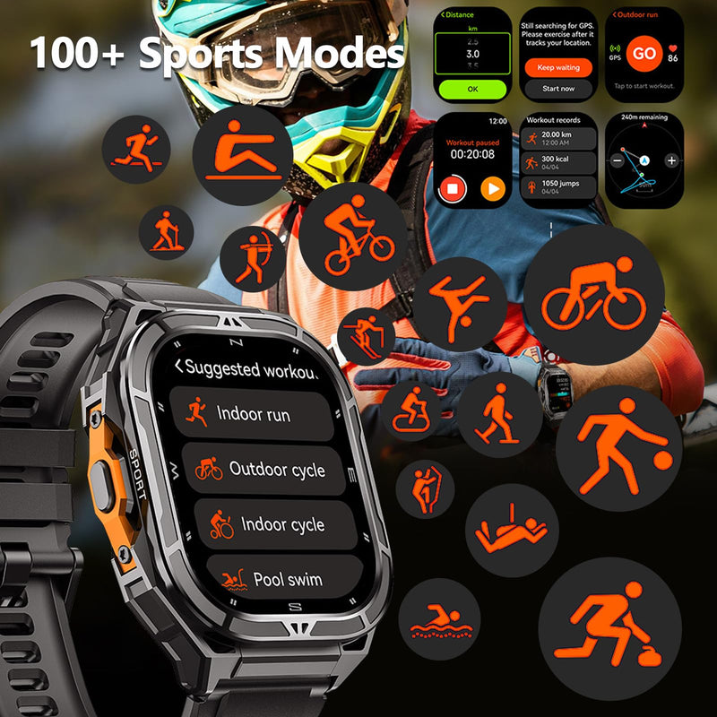 GPS Smart Watch for Men Barometer Compass Make/Answer Calls Tactical 100+ Sports Modes 1.96" AMOLED DIisplay Smart Watches Heart Rate Sleep Tracker Message Reminder black