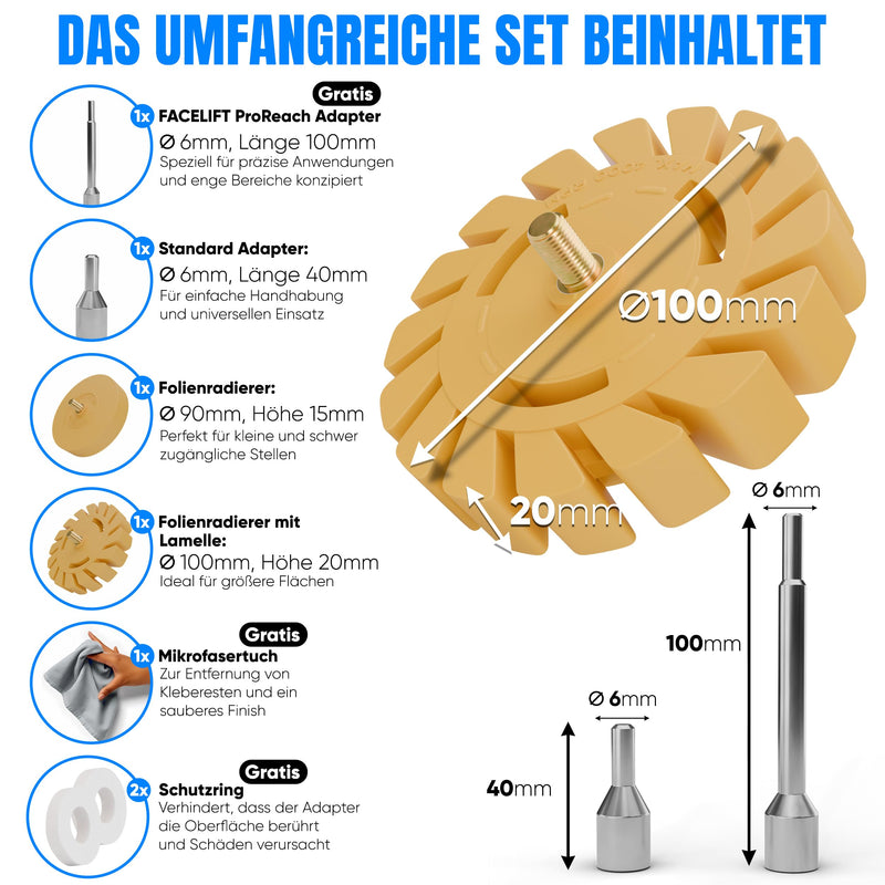 FACELIFT Foil Eraser Set - Diameter 90 mm Sticker Remover + Diameter 100 mm Blade Eraser - Extra ProReach Adapter + Protective Ring + Microfibre Cloth - Ideal for Removing Adhesive Residues