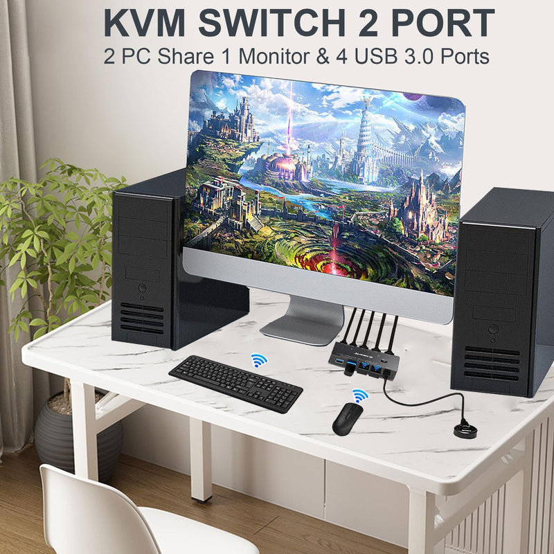 KCEVE HDMI2.1 KVM Switch 2 Computer 1 Monitor 8K@60Hz | KVM Switch HDMI 2 Port with 3 USB3.0, Wired Remote and Power Adapter (8K HD 2 in 1 Out KVM) Black 11cm 8K HDMI 2 in 1 Out KVM