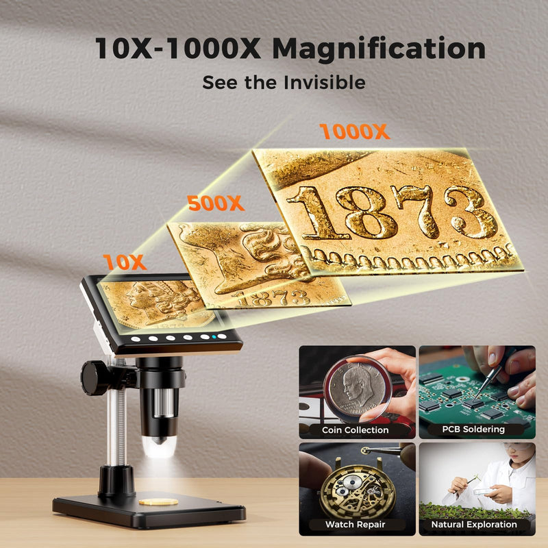 [AUSTRALIA] - 4.3 Inch LCD Digital Coin Microscope, 1000X USB Magnifier with 8 Adjustable LED Lights for Coin Inspection, Electronics Repair, Soldering, Windows/Mac Compatible, 1080P 