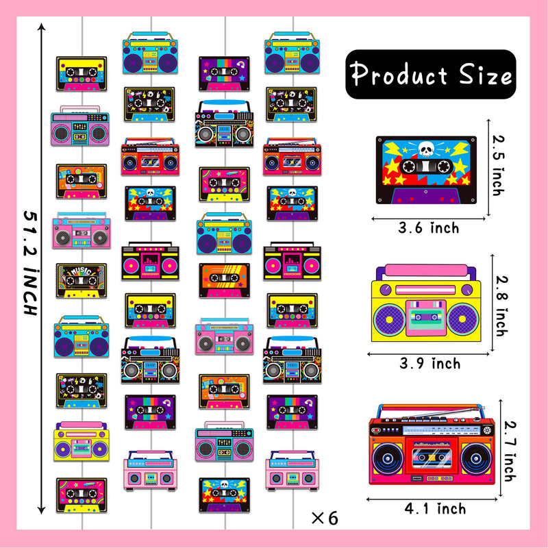 Cassette Tape and Boom Box Garlands 6PCS 80s Party Decorations Retro Radio Cassette Tape Paper Garland Banners 1980s Hanging Decor for 70s 90s Hip Hop Theme Birthday Party Supplies