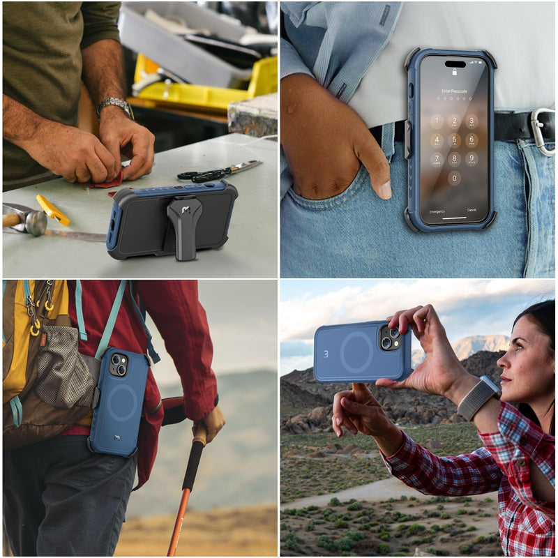 M MYBAT PRO Maverick Series iPhone 15 Case with Belt Clip Holster,[Compatible with Magsafe] w/Screen Protector,Anti-Drop,Shockproof,with 360°Rotating Kickstand,Heavy Duty Protection Blue