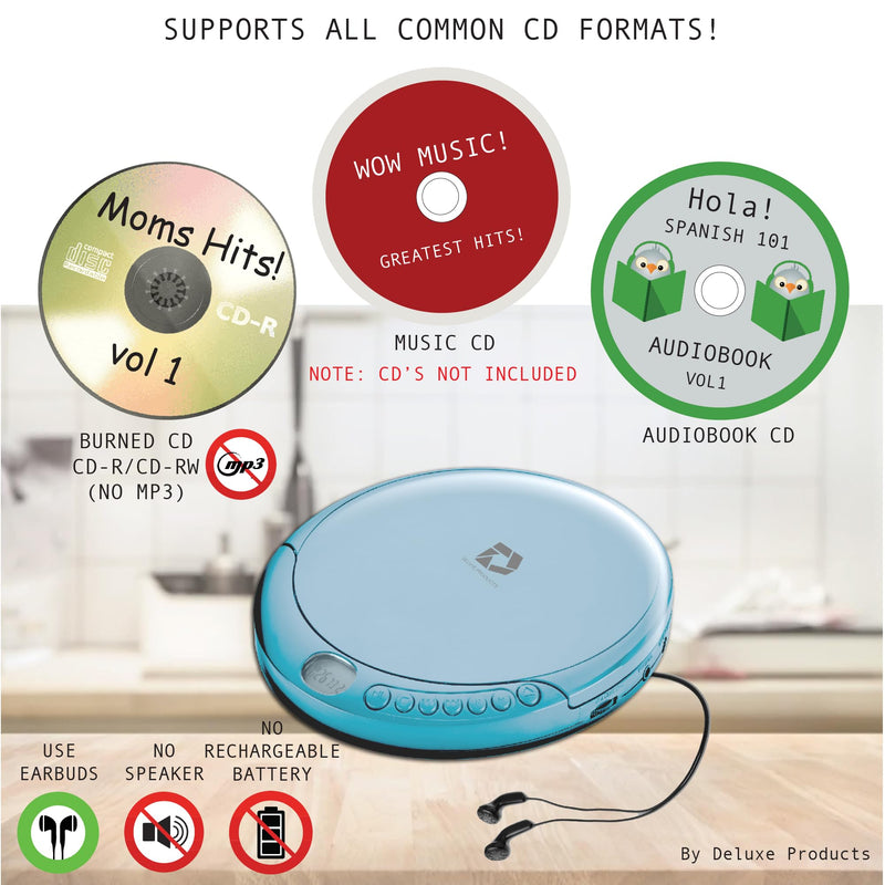 Deluxe Products CD Player Portable with 60 Second Anti Skip, Stereo Earbuds, Includes Aux in Cable and AC USB Power Cable for use at Home or in Car. Blue Blue_CD
