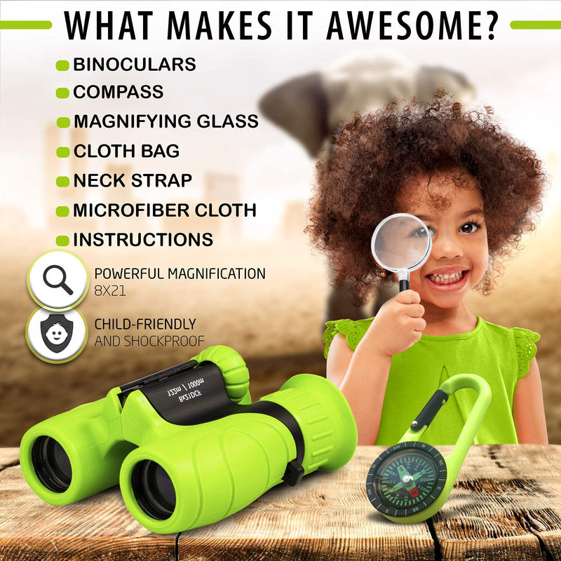 [AUSTRALIA] - Binoculars for Kids – Perfect Toy for Little Boys and Girls – Extensive Set Incl. Magnifying Glass & Compass – Powerful Magnification 8X21 – 3 to 12 Year Old Kids for Toddler Green 