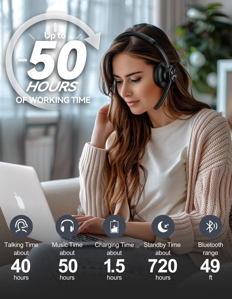 [AUSTRALIA] - TECKNET Wireless Headset, Bluetooth Headset with Noise Cancelling Microphone - Rechargeable Bluetooth V5.2 Headphones, 50H Playtime & Mic Mute, On Ear Headphones for Trucker/Remote Work/Call Center Deep Black 