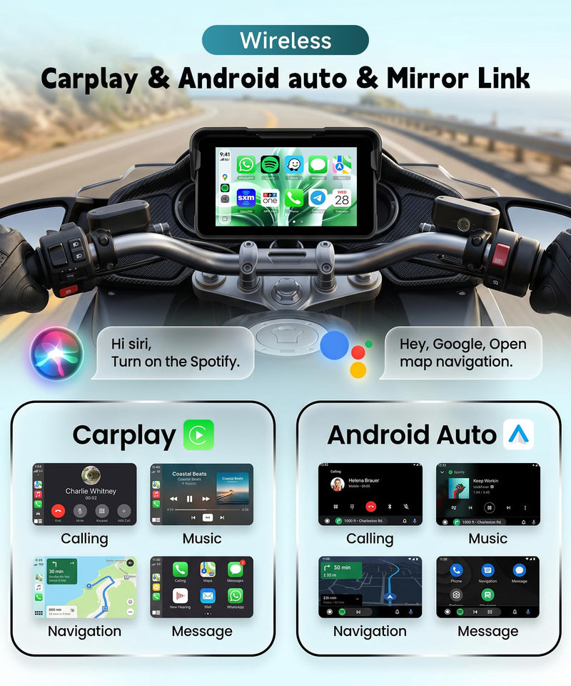 Motorcycle Wirelsss Carplay Android Auto Screen, 5" Wireless CarPlay | with Anti-Theft Design Mount, IP68 Waterproof Car Play Moto Touchscreen Dual Bluetooth Portable GPS Navigation