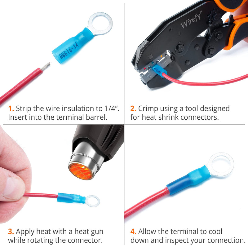 Wirefy 130 PCS Heat Shrink Ring Terminals 1/4" - a Resistant Ring Connectors - Eyelet Wire Connectors - Blue 16-14 AWG Ring 1/4" Blue 16-14 Gauge