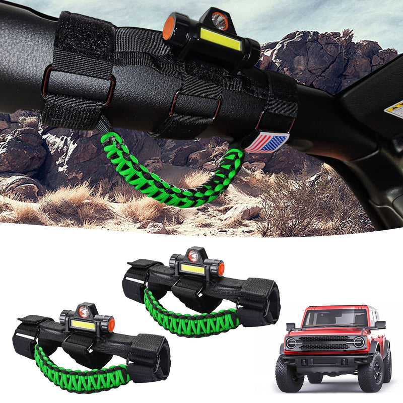 GAIZON 2 Pack Grab Handles Roll Bar Paracord for Jeep Wrangler Accessories Sahara Freedom Rubicon CJ YJ TJ JL JK LJ JLU JKU,Gladiator JT 1955-2023 Interior Accessory,Grip Handle with LED Light(Green) Green