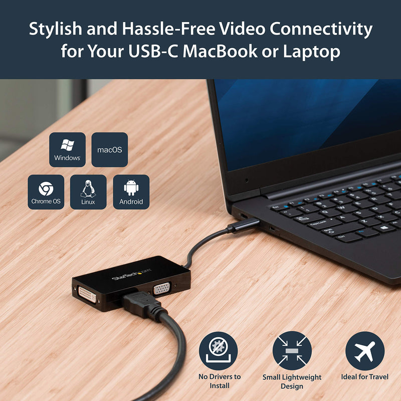 StarTech.com 4K USB C to HDMI, VGA & DVI Multi Port Video Display Adapter for Mac / Windows Laptop & Monitor (CDPVGDVHDBP) Black