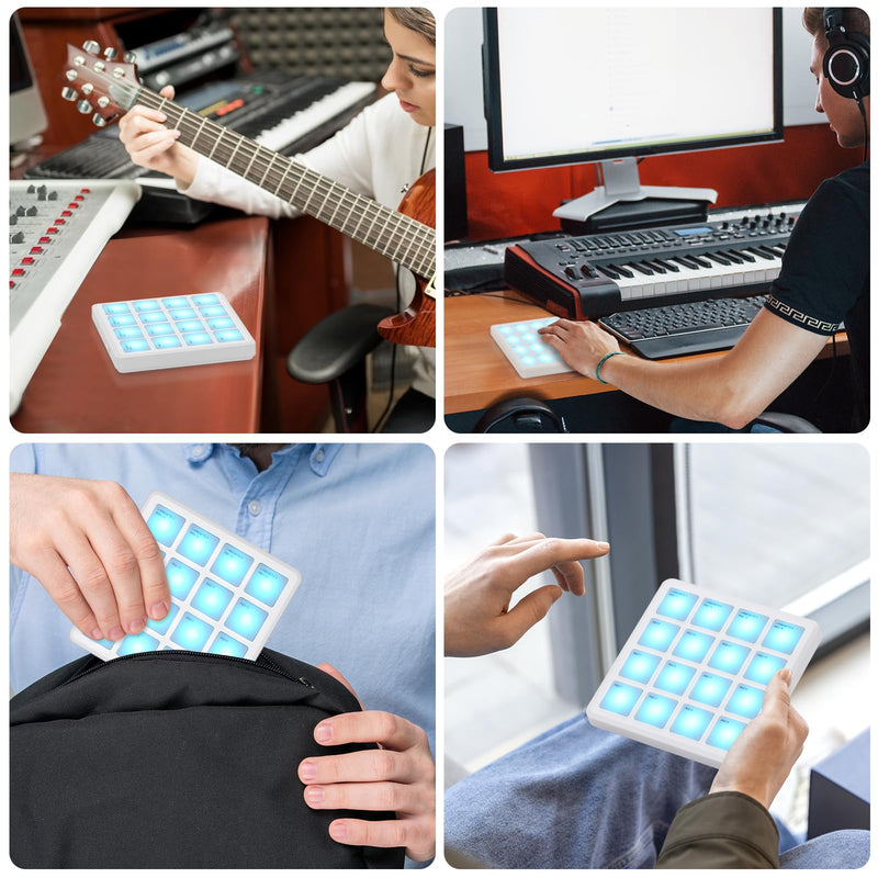 M-VAVE Wireless MIDI Controller Pads, 4.1 * 4.1 Inch, 0.28 LBS, Bluetooth Portable USB with 16 Drum, Note Repeat, Full Level Buttons, Rechargeable battery (White Pocket) White Pocket