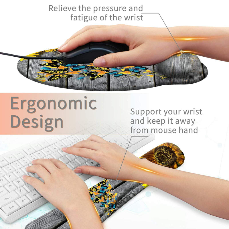 Keyboard Wrist Rest Pad and Mouse Pad Wrist Rest Support Set, Ergonomic Gaming Mousepad Durable Smooth Surface Non-Slip Base Sunflower Butterfly Design for Computer Laptop Home Office + Cute Coasters Yellow Sunflowers and Butterflies