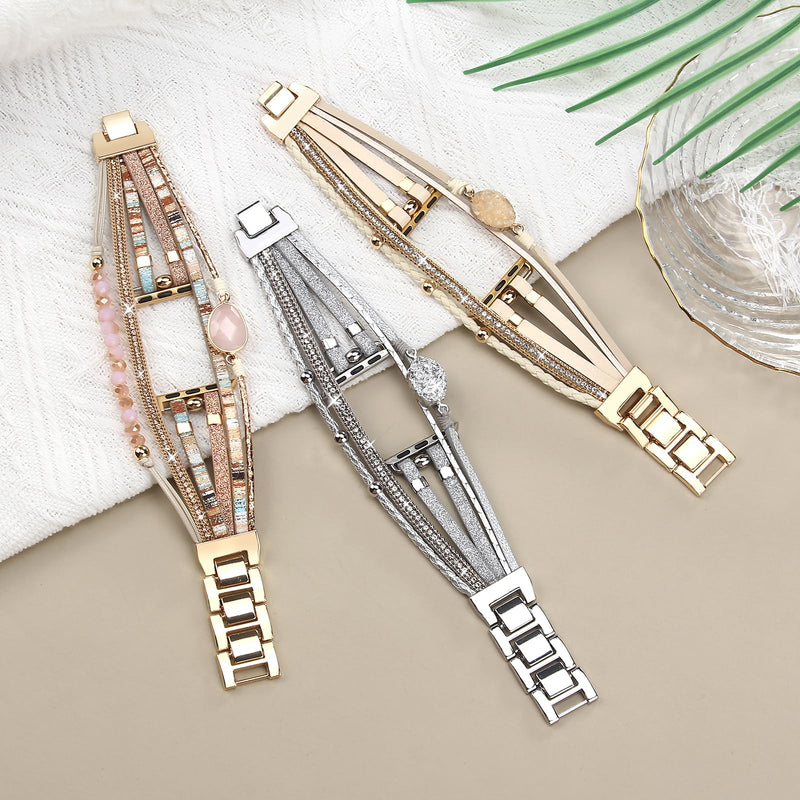Boho Leather Wrap Bands Compatible with Apple Watch Band Bracelet for Women Men 38mm/40mm/41mm Multilayer Apple Watch Strap for Iwatch Band Series 9/8/7/6/5/4/3/2/1/SE Ultra 2