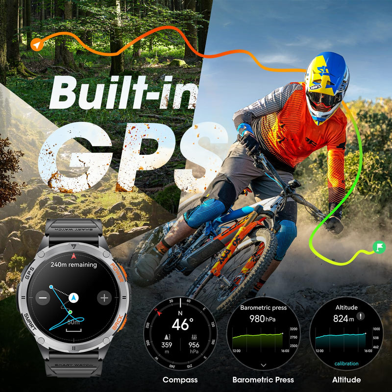 Military Smart Watches for Men with GPS, 1.43" AMOLED Bluetooth Call Smartwatch with LED Flashlight, Smart Watch for Android iOS, IP68 Waterproof Fitness Tracker with Heart Rate (Black) Black