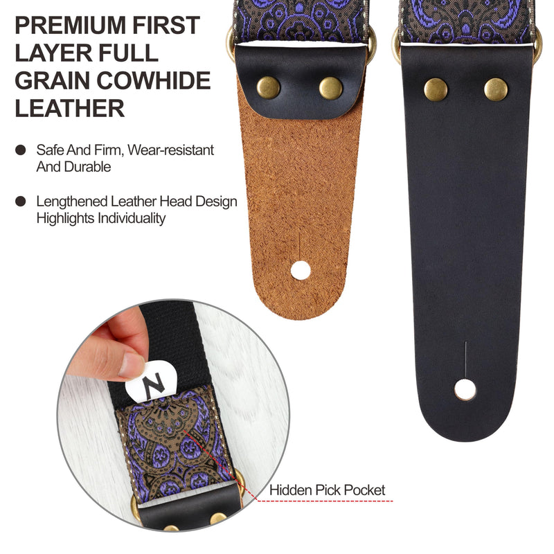 Nefelibata Guitar Strap, Vintage Embroidered Cotton Guitar Straps with Head Cowhide Leather Ends for Bass, Electric & Acoustic Guitars, with Free Strap Button, 1 Pair Strap Locks and 4 Guitar Picks Purple