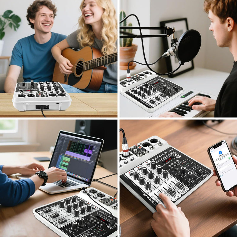 [AUSTRALIA] - Professional DJ audio mixer, 4-channel DJ mixer, Bluetooth sound mixer, supports USB/MP3/BT computer input, 48V phantom power stereo studio audio mixer suitable for DJ studio streaming recording KX04 