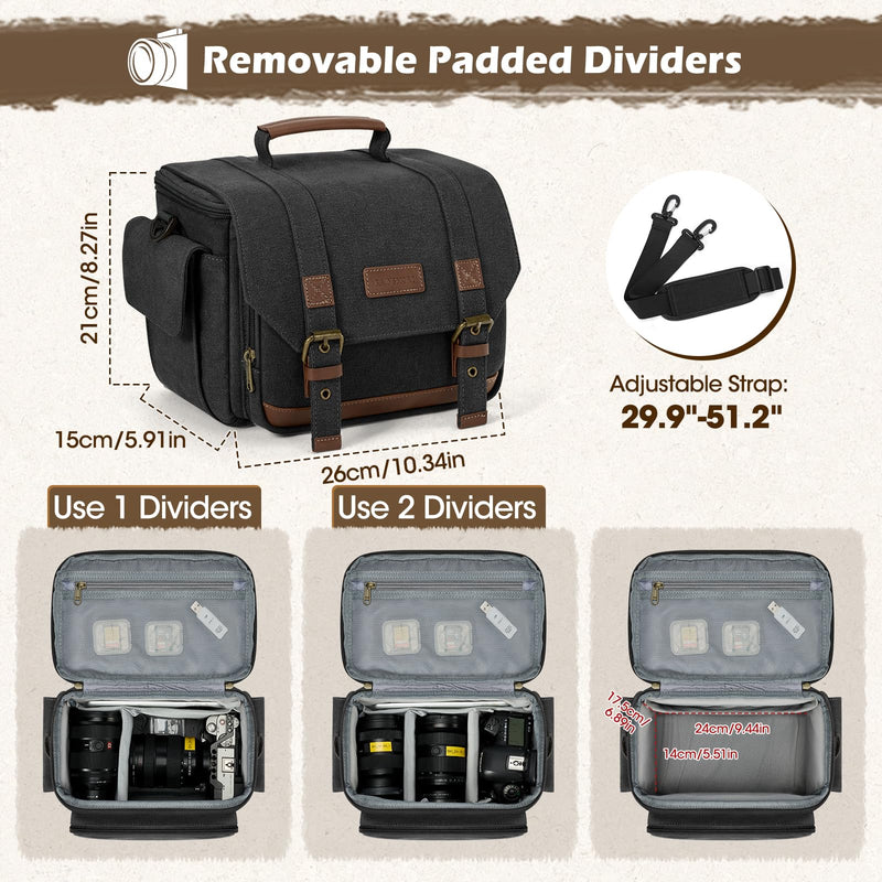 RAINSMORE Camera Sling Bag Canvas Crossbody Camera Case with Rain Cover | Water-Resistant Camera Shoulder Bag for DSLR Mirrorless Compact Camera Bags with Removable Dividers, Tripod Holder for Travel Black