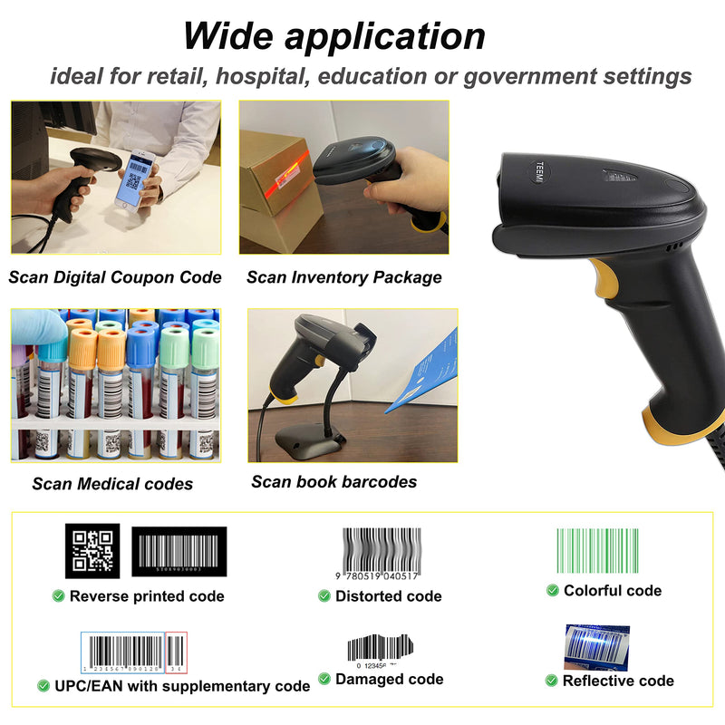 TEEMI 2D Barcode Scanner with Smart Stand USB Wired Handheld Automatic QR Data Matrix PDF417 OCR bar Codes Imager Global Shutter Computer Screen Scan for Windows Mac and Linux PC POS, Stand Included USB Wired with Stand