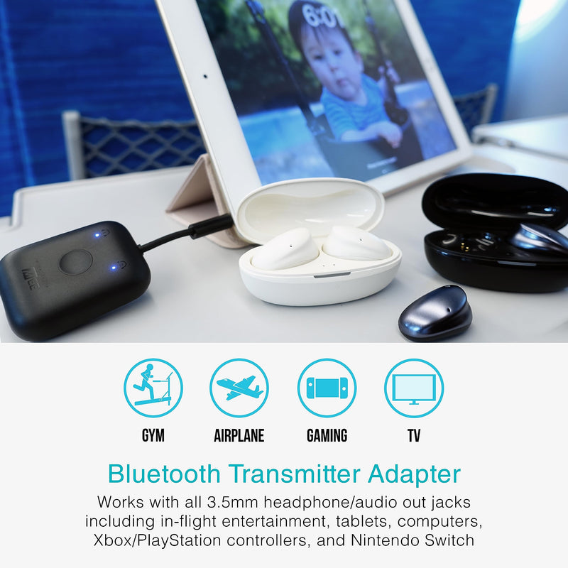 [AUSTRALIA] - MEE Audio Connect Air in-Flight Bluetooth Wireless Audio Transmitter Adapter for up to 2 AirPods/Other Headphones; Works with All 3.5mm Aux Jacks on Airplanes, Gym Equipment, TVs, & Gaming Consoles Black 